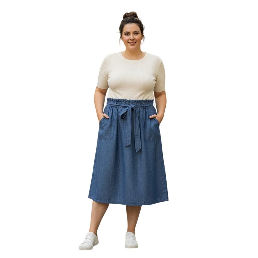 Liz Claiborne Womens SoftChambray Denim Midi Skirt TieWaist Pockets Blue 26"Long